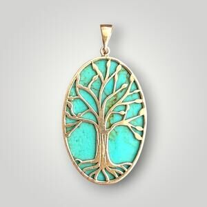 Sterling Silver 925 Mexico Turquoise Tree Pendant ATI Large Oval Vintage